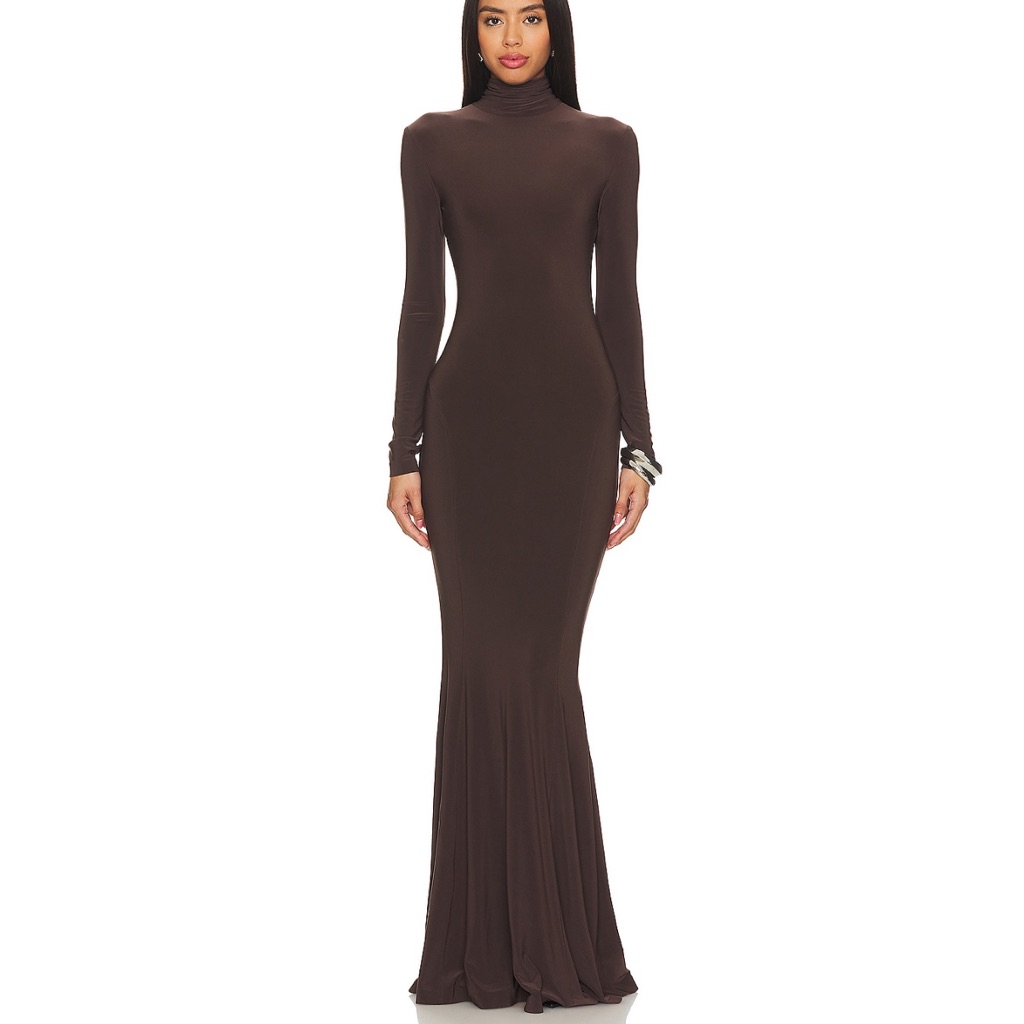 New Norma Kamali Revolve Fishtail Gown Chocolate Brown Long Sleeve Formal Dress